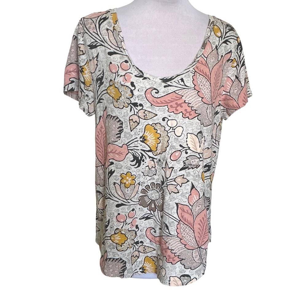 LOFT Vintage Soft Floral Scoop Neck T-Shirt Grey Pink Yellow Size M Relaxed Fit
